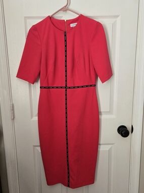 Calvin Klein Bright Pink Midi Sheath Dress with Black Contrast Trim